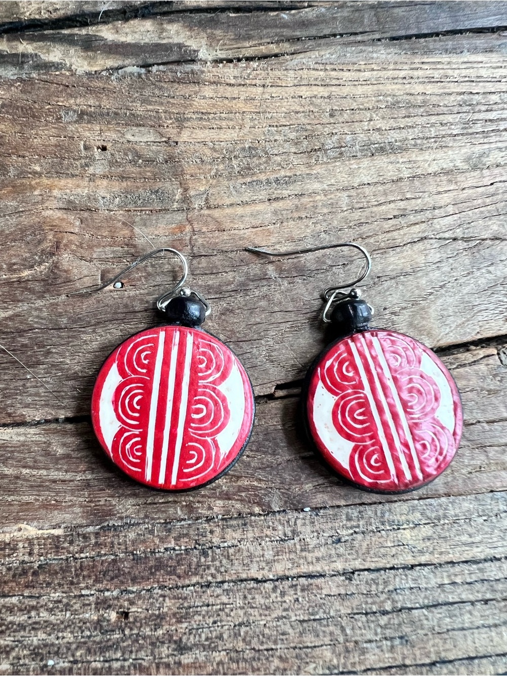 Red and White Handcrafted Round Dangle Earrings